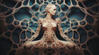 Surreale Skulptur einer sitzenden Frau, geformt aus organisch designten fraktalen Strukturen mit hoher Komplexität, die an Knochen oder Korallen erinnern. Vor blauem Hintergrund