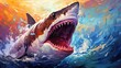 oil painting style illustration, big fury shark under blue sea water ,wildlife, idea for wall art decor and background wallpaper, Generative Ai