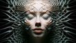 Gesicht einer Frau mit geschlossenen Augen in fraktalen geometrischen Strukturen. Surreales Portrait mit kühl-majestätischer Stimmung. Abstrakte Illustration