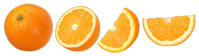 Wall Mural - Orange fruit, half and slices isolated, Orange fruit macro studio photo, transparent PNG, collection, PNG format, collection