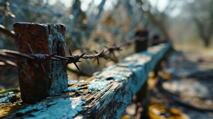 Canvas Print - A close up of a rusty barbed wire fence with trees in the background, AI