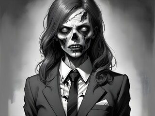 Wall Mural - Black and white illustration of a zombie woman wearing a suit and tie. Generative AI