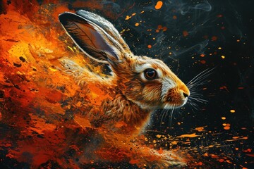 A painting of a rabbit in orange and red splattered paint, AI