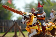 A Dog Dressed As A Knight Jousting On A Horse Made Of Hotdogs