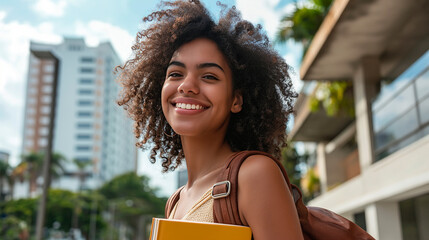 Wall Mural - Young black woman with school backpack, holding notebook, street with buildings, trees and blurred bg