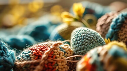 Wall Mural - A close up of a bunch of yarn balls and flowers, AI