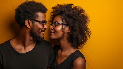 couple of black man and woman, wearing black clothes and glasses on a yellow background