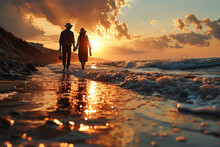 Happy Couple Walking On The Beach At Sunset, Rear View
