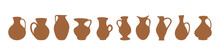 Set Of Different Terracotta Water Jugs With Handles Pottery Flat Vectors
