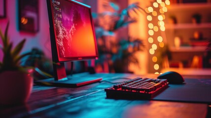 Canvas Print - A computer monitor sitting on a desk with keyboard and mouse, AI