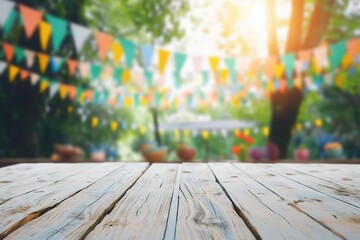 Empty wooden table with party in garden background blurred. generative ai.