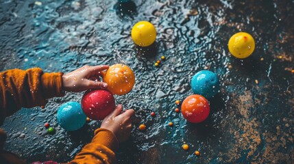 Poster - A child playing with colorful balls on a wet surface, AI