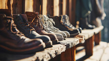 Classic Leather Brogues, Casual White Sneakers, And Hiking Boots, Neatly Arranged In A Row On A Wooden Shelf