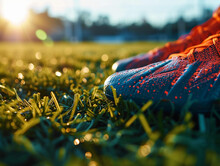 Soccer Cleats On Grass, Capturing The Spikes And Turf, Vibrant Color, Outdoor Stadium Lighting