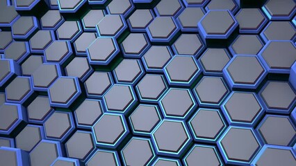 Poster - Dynamic blue background of volumetric hexagons. Rendering animation.