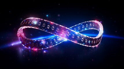 Infinity emblem, glowing with blue neon light, on black background