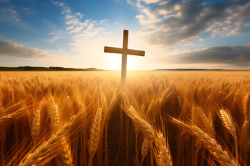 Praying christian and cross and thanksgiving and thanksgiving barley and barley field