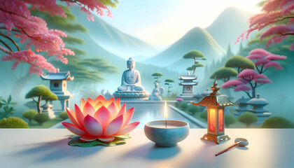 Mahayana new year background illustration with buddha statue, lotus flower and candle.