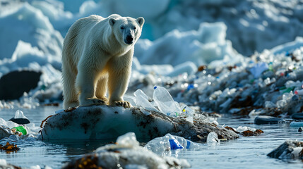 Wall Mural - A polar white bear on a little iceberg surrounded by human garbage.