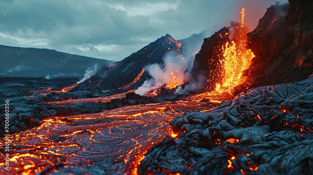 active volcano spewing lava from a floating platform - AI Generated ...