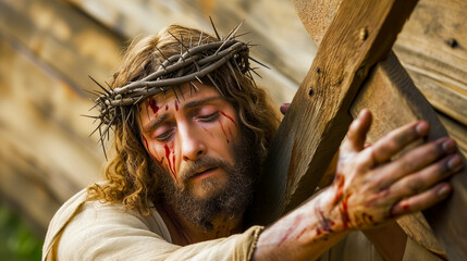 Close up image of Christ carrying the cross to his crucifiction with crown of thorns. Easter good Friday concept