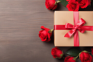 Gift box with red ribbon and roses on dark background. Top view with copy space happy valentine day