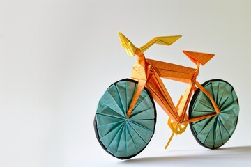 Origami bycicle objects, objects folded from paper on a white background. Generative AI