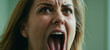 Mature adult woman, age 40, screams with her mouth wide open, from dissatisfaction to anger and rage, annoyed and disappointed, sad and screams out feelings and emotions, fictional reason