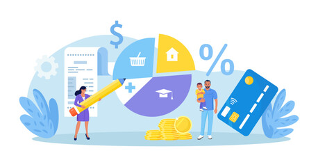 Personal income and expense management. Family budget strategy, planning. Young couple divides the items of expenditure. Control household finance