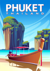 Wall Mural - Traditional boat, beach, islands and the sea in the background. Phuket travel poster. Handmade drawing vector illustration.