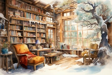 Wall Mural - Cozy Winter Reading - Generative AI