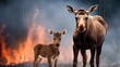 The intense heat fails to break the determination of a moose cow and her calf as they forge through the fiery landscape
