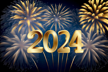 Wall Mural - Happy New Year 2024 fireworks on the background with sparking golden 2024 HD wallpaper greeting card 