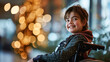 a young girl is smiling in a wheelchair with christmas lights behind