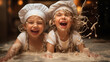 happy family funny kids bake cookies in kitchen close up