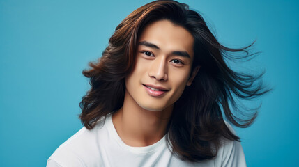 Elegant handsome smiling young Asian man with long hair, on light blue, banner, copy space, portrait.