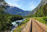 Fototapeta Morze - Railway in Norway. Beautiful summer landscape with mountains and river.
