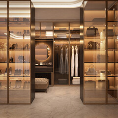 Wall Mural - Luxury walk in closet interior with wood and gold elements.3d rendering