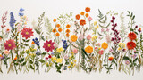 Fototapeta Panele - Colorful embroidered flowers on white background, hand stitched botanical art