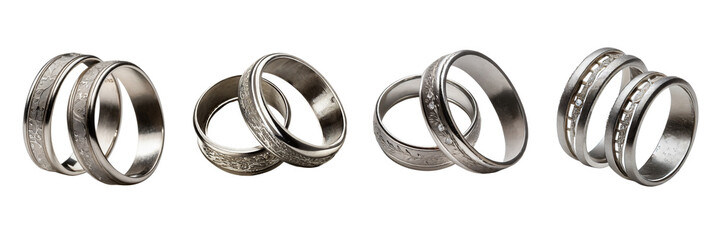 set of silver wedding rings, isolated on transparent background