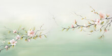 Soft Capture Of Spring Blossoming Branches. Delicate Pastel-colored Pink Flowers For Seasonal Greetings, Invitations, Boasting Hues Of Pale Green And Light Pink. Ideal Choice  For Cards Or Banners.