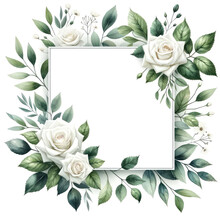 A Square Watercolor Frame White Roses And Leaves On White Background