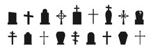 Gravestone Silhouettes Set. Cross Christian Icons. Vector Illustration
