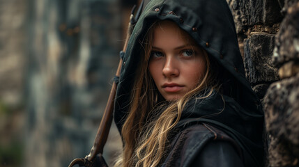 Wall Mural - beautiful young girl assassin in medieval clothes with a hood