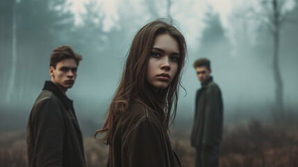  beautiful girl with brown hair stands in the center. Two attractive guys stand behind her on the other side. modern setting. isolated on forest foggy background