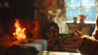 Hands cradling a steaming cup, with the cozy warmth of a fireplace in the background, evoke comfort and homely bliss