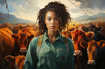 Wall Mural - Confident black lady standing in front of cows on her farm