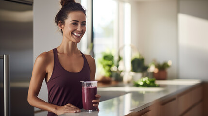 Sticker - Smiling woman in a light, airy kitchen holding a smoothie.