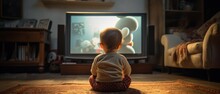 Back View Of A Little Boy Sitting In Front Of Tv. Rear View Of Child Watching Television In Living Room. Child Watching Television In Living Room. Films Or Movies For Kids. Generative Ai