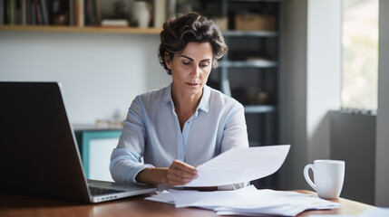 Poster - Focused woman working on a laptop and reading a document.